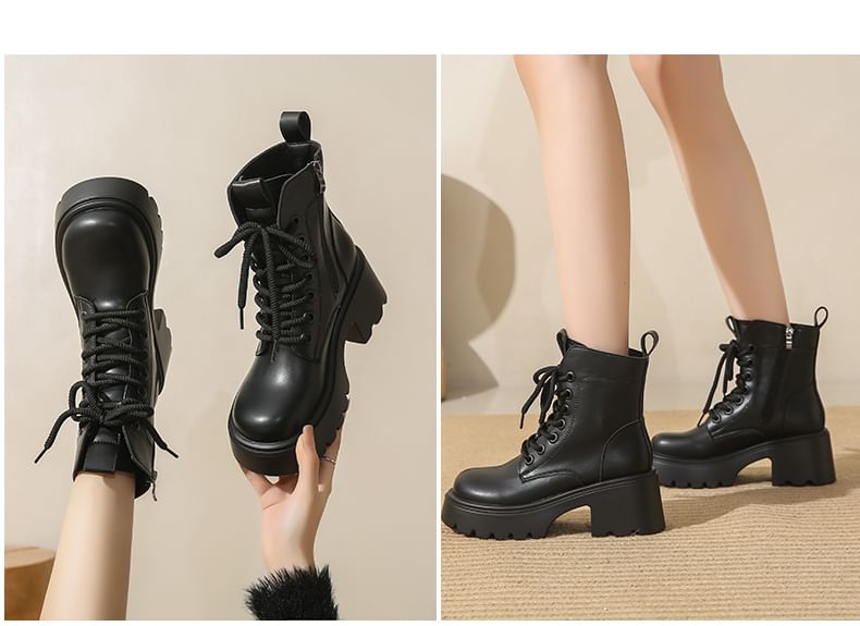 Boots Plain Leather Short Lace-Up Platform Genuine