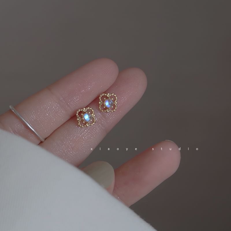 S925 Rhinestone Earring Silver Clover Sterling Stud