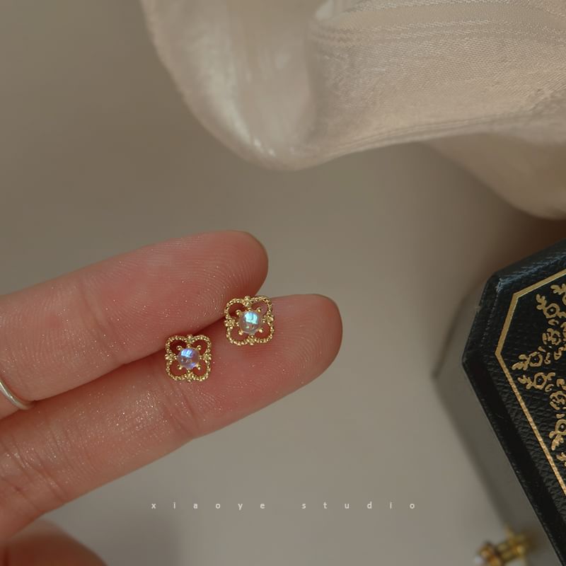 S925 Rhinestone Earring Silver Clover Sterling Stud