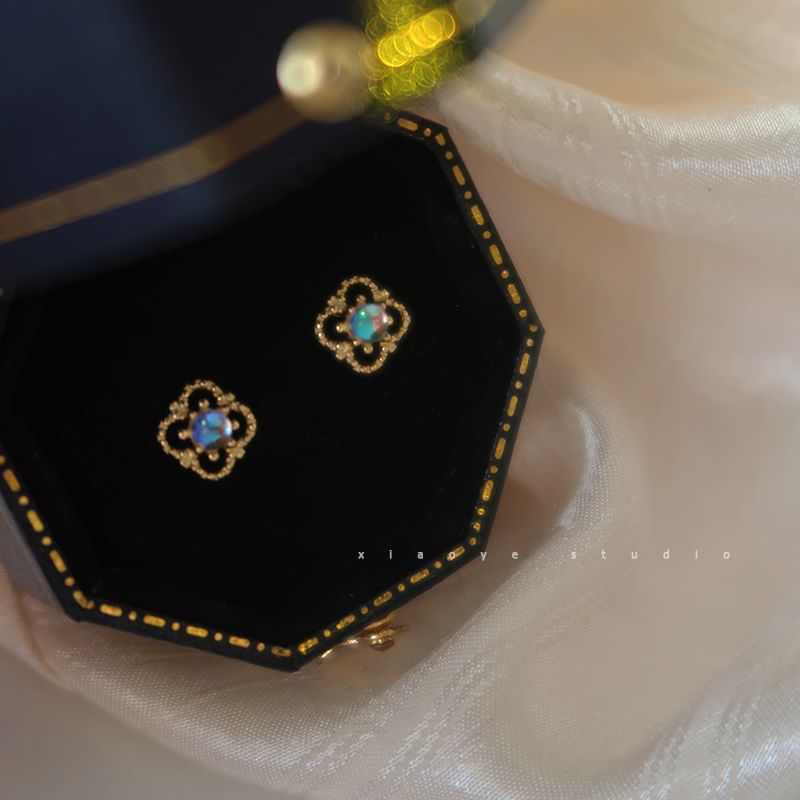 S925 Rhinestone Earring Silver Clover Sterling Stud