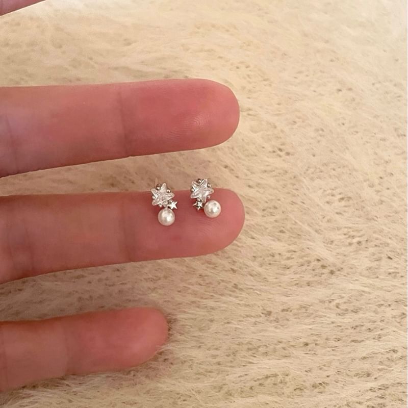 Star Rhinestone Faux Pearl Alloy Drop Earring