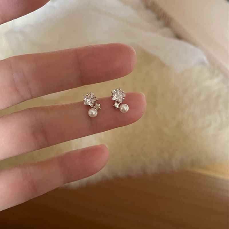 Star Rhinestone Faux Pearl Alloy Drop Earring