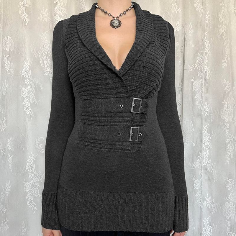 Up Sweater Plain Buckle V-Neck Cropped