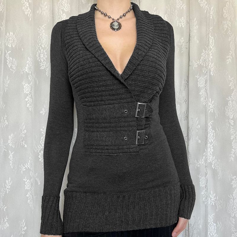 Up Sweater Plain Buckle V-Neck Cropped