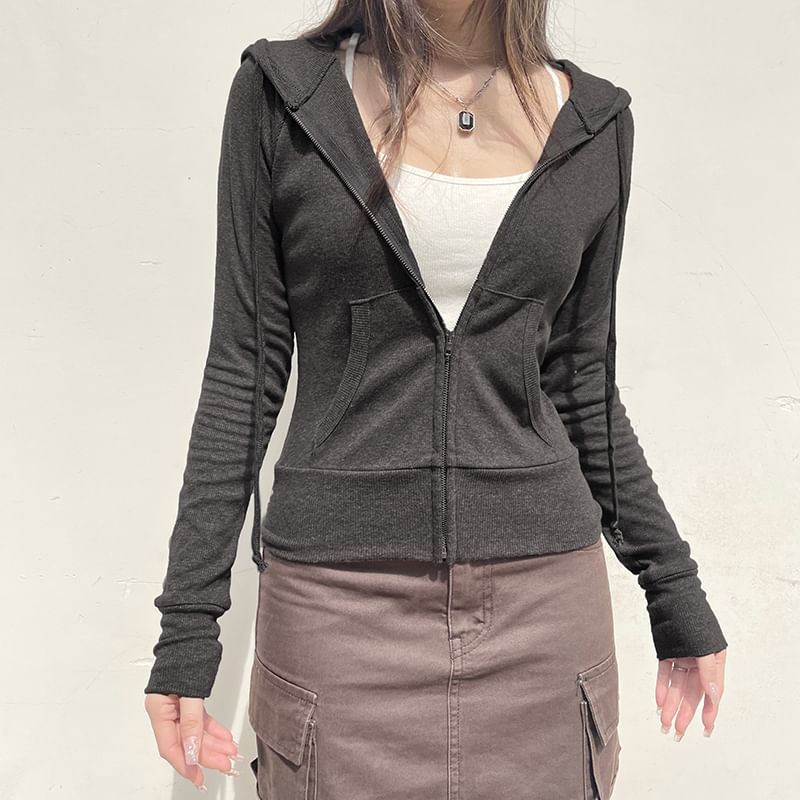 Hoodie Plain Drawstring Zip Up