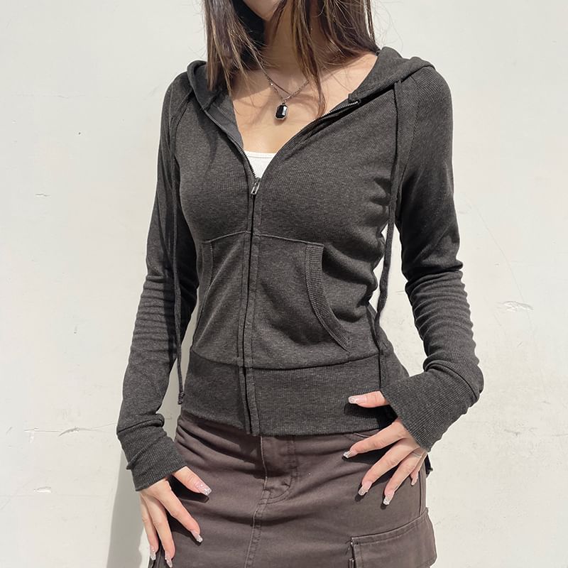 Hoodie Plain Drawstring Zip Up