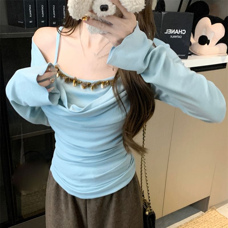 Piece Long Sleeve Mock Off Two Top Shoulder