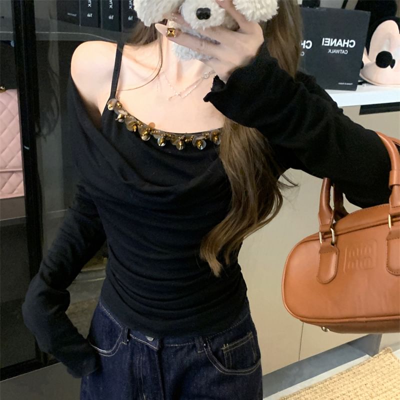 Piece Long Sleeve Mock Off Two Top Shoulder