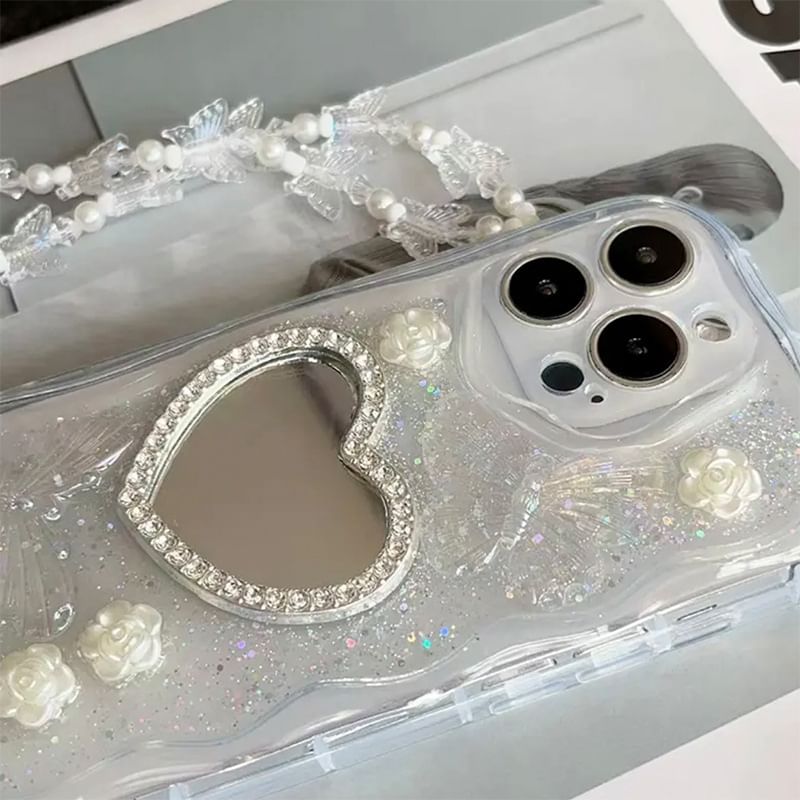Pearl Phone Heart Faux / Case Set Mirrored Strap