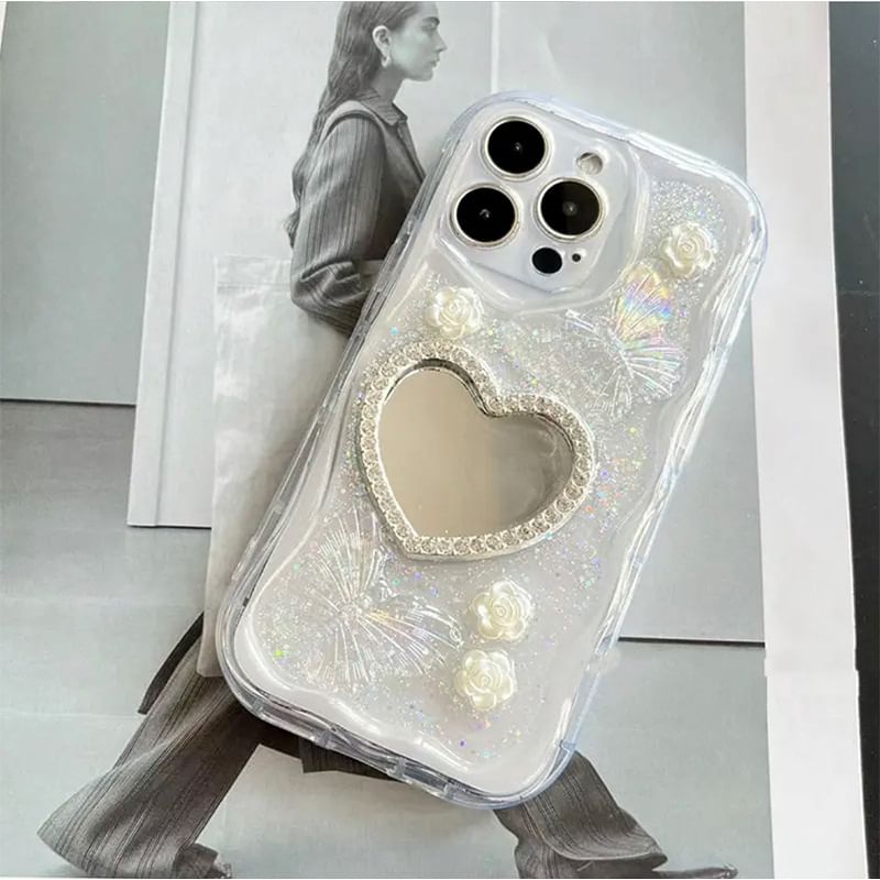 Pearl Phone Heart Faux / Case Set Mirrored Strap