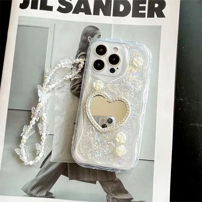 Pearl Phone Heart Faux / Case Set Mirrored Strap