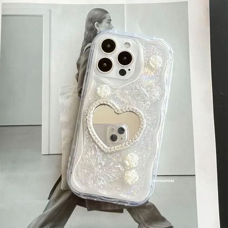 Pearl Phone Heart Faux / Case Set Mirrored Strap
