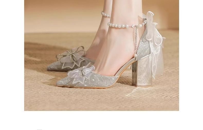 Glitter Block Bow Pointy Heel Sandals