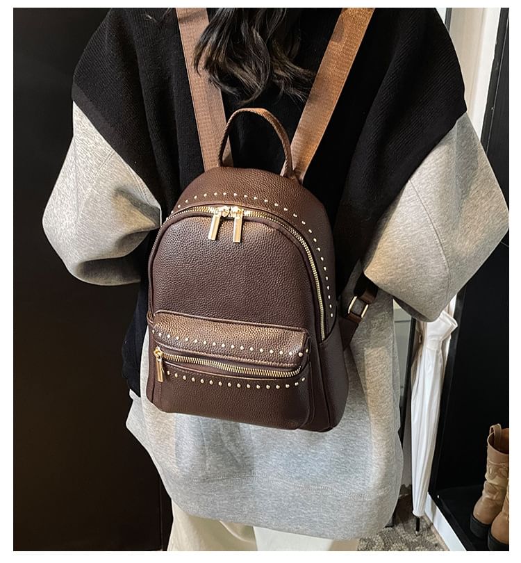 Leather Faux Studded Plain Backpack
