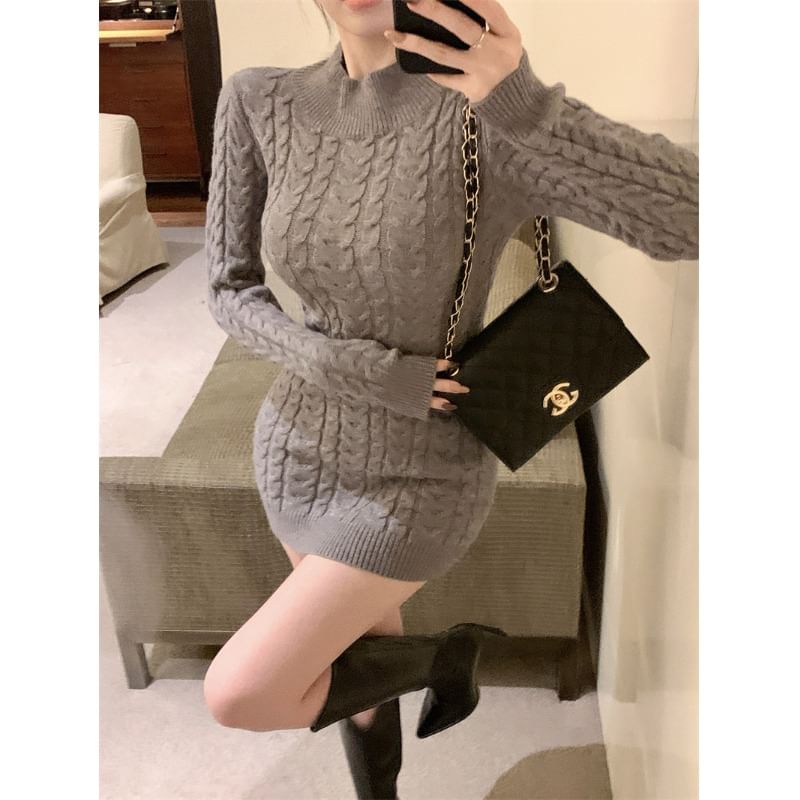 Sheath Neck Cable Knit Long-Sleeve Dress Back Mock Open Mini