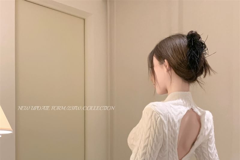 Sheath Neck Cable Knit Long-Sleeve Dress Back Mock Open Mini