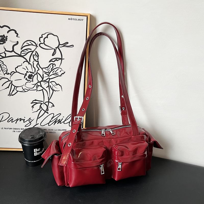 Leather Multi-Pocket Faux Shoulder Bag