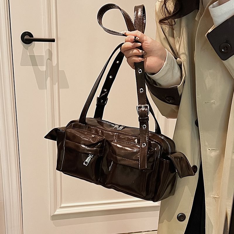 Leather Multi-Pocket Faux Shoulder Bag