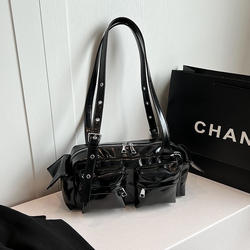 Leather Multi-Pocket Faux Shoulder Bag