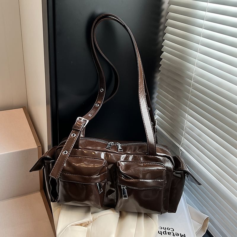 Leather Multi-Pocket Faux Shoulder Bag