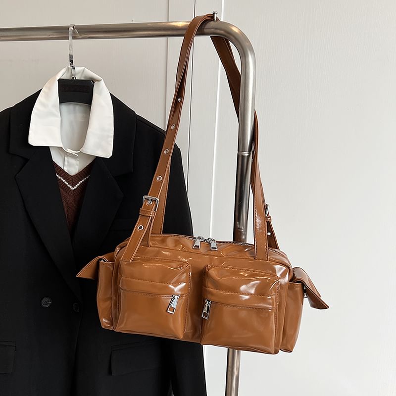 Leather Multi-Pocket Faux Shoulder Bag