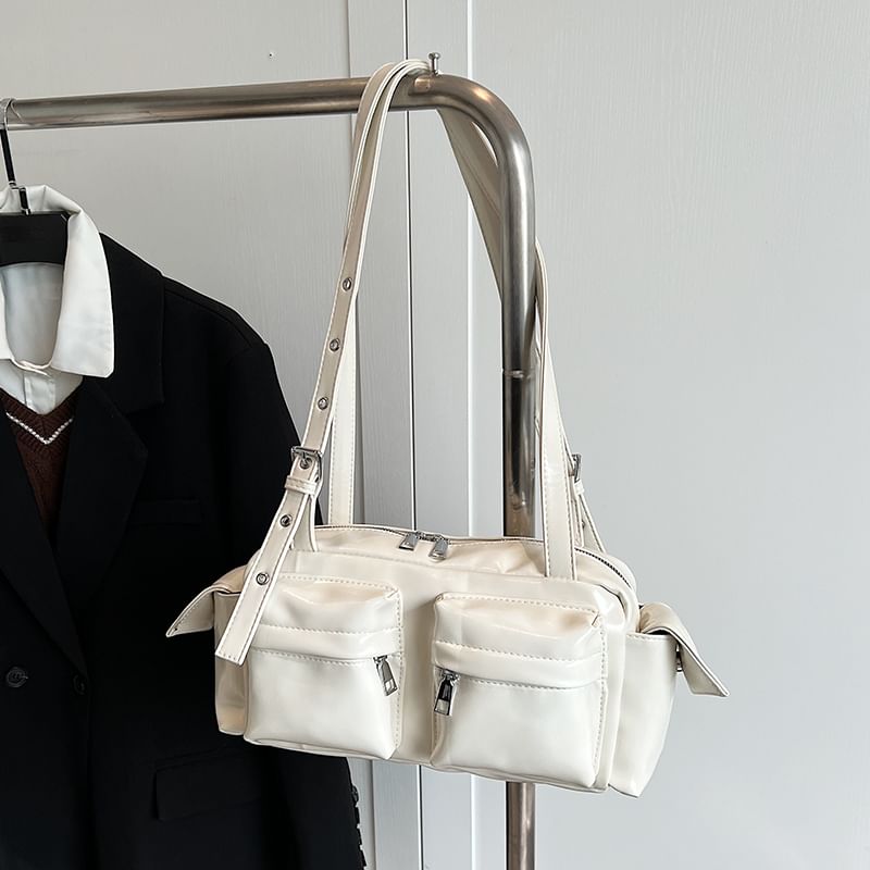 Leather Multi-Pocket Faux Shoulder Bag