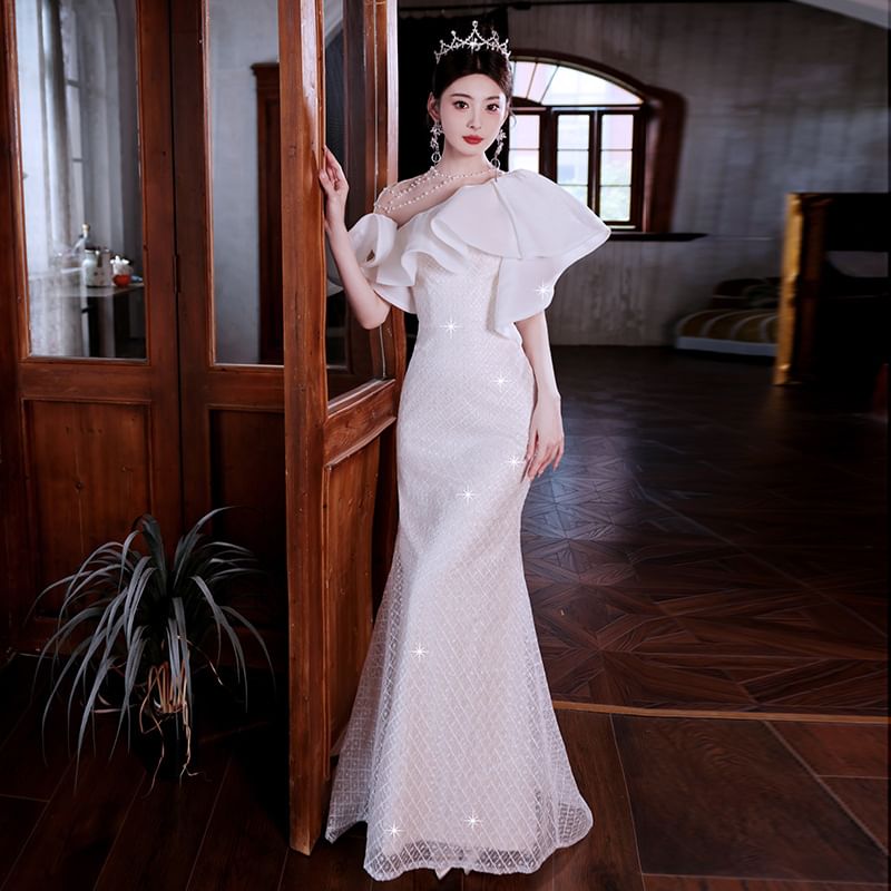 One-Shoulder Plaid Ruffle Mermaid Evening Gown