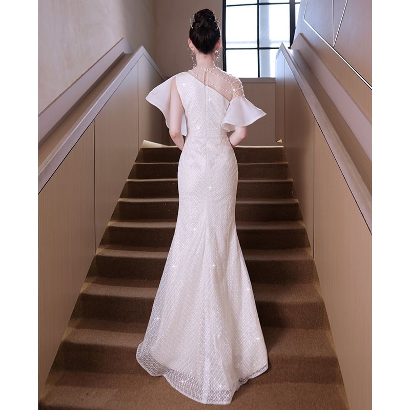 One-Shoulder Plaid Ruffle Mermaid Evening Gown