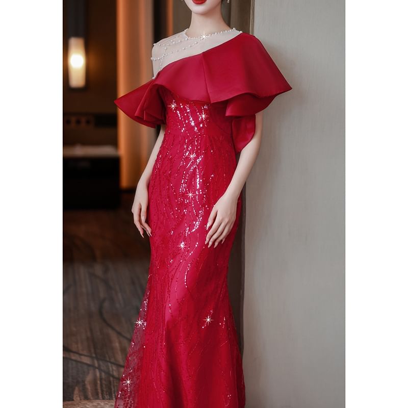 One-Shoulder Plaid Ruffle Mermaid Evening Gown