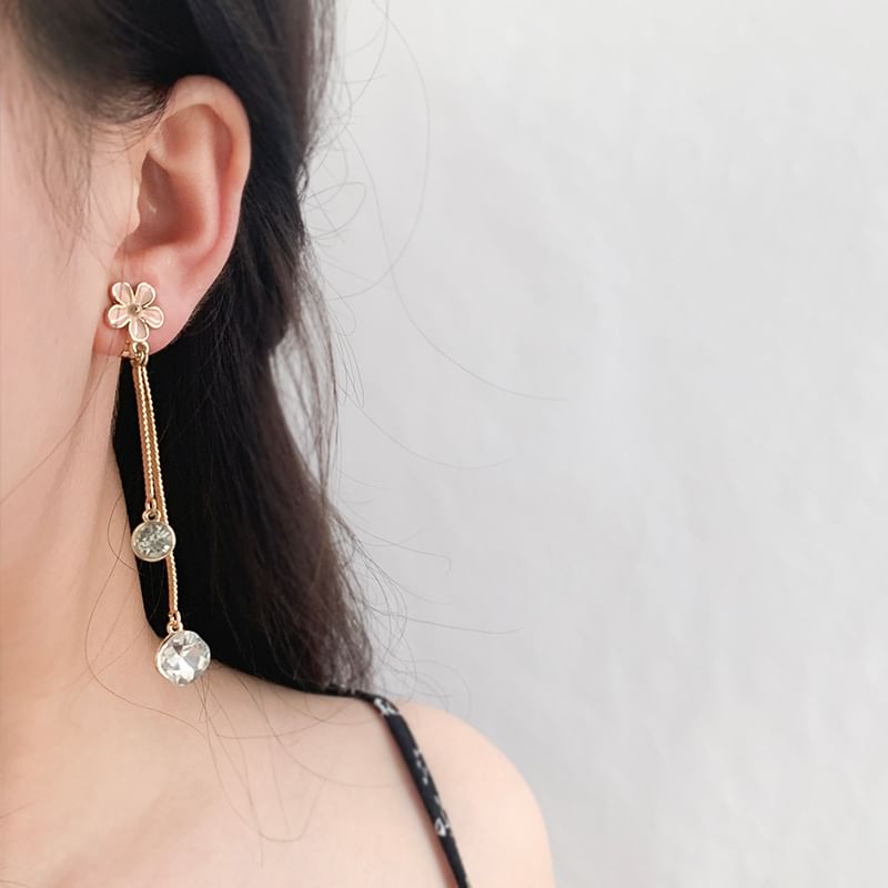 Asymmetrical Dangle Earring Floral Alloy Rhinestone