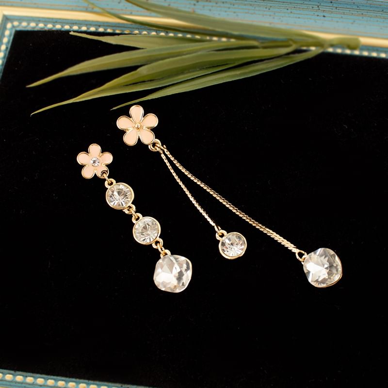 Asymmetrical Dangle Earring Floral Alloy Rhinestone
