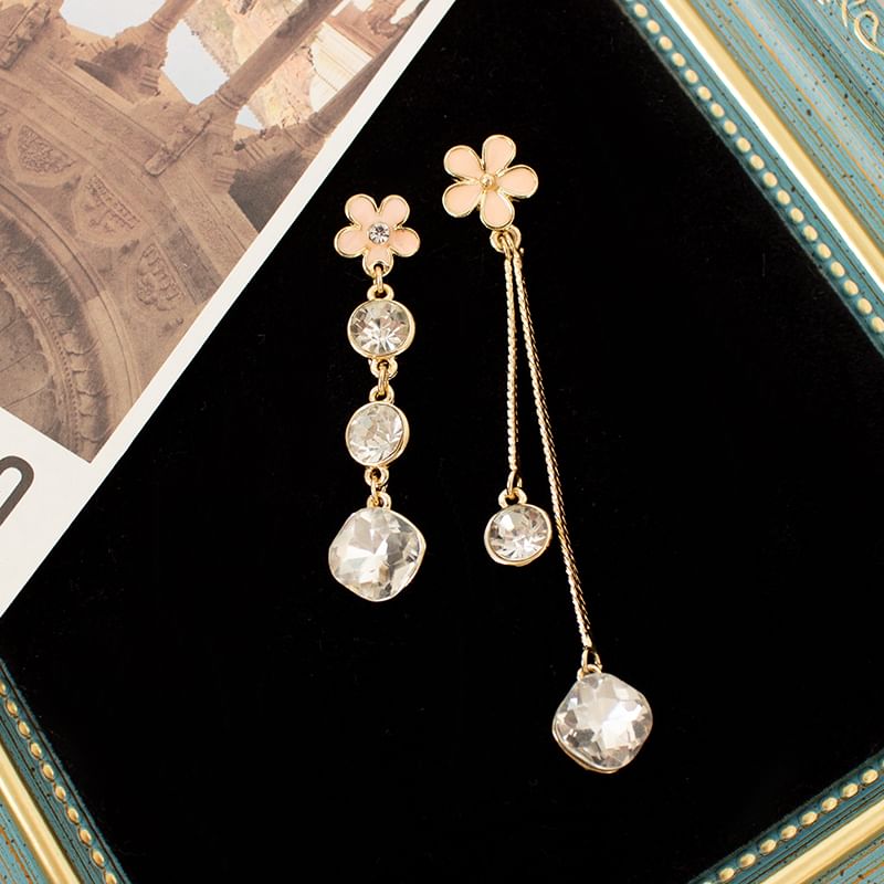 Asymmetrical Dangle Earring Floral Alloy Rhinestone