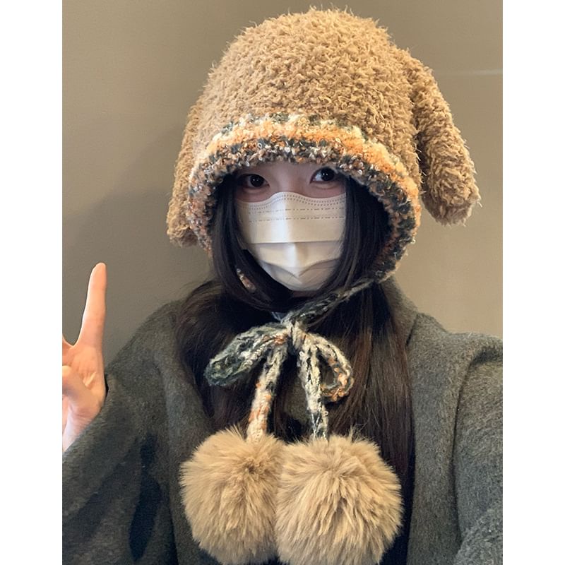 Hat Pom Ear Rabbit Knit Fluffy Panel