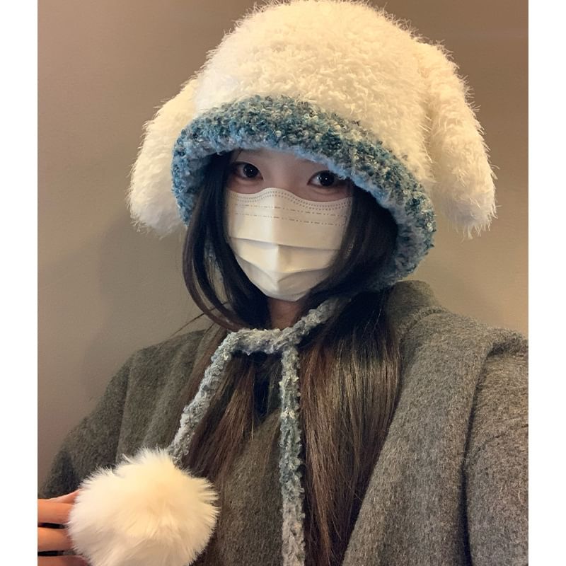 Hat Pom Ear Rabbit Knit Fluffy Panel