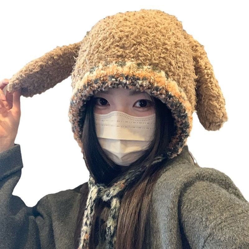 Hat Pom Ear Rabbit Knit Fluffy Panel