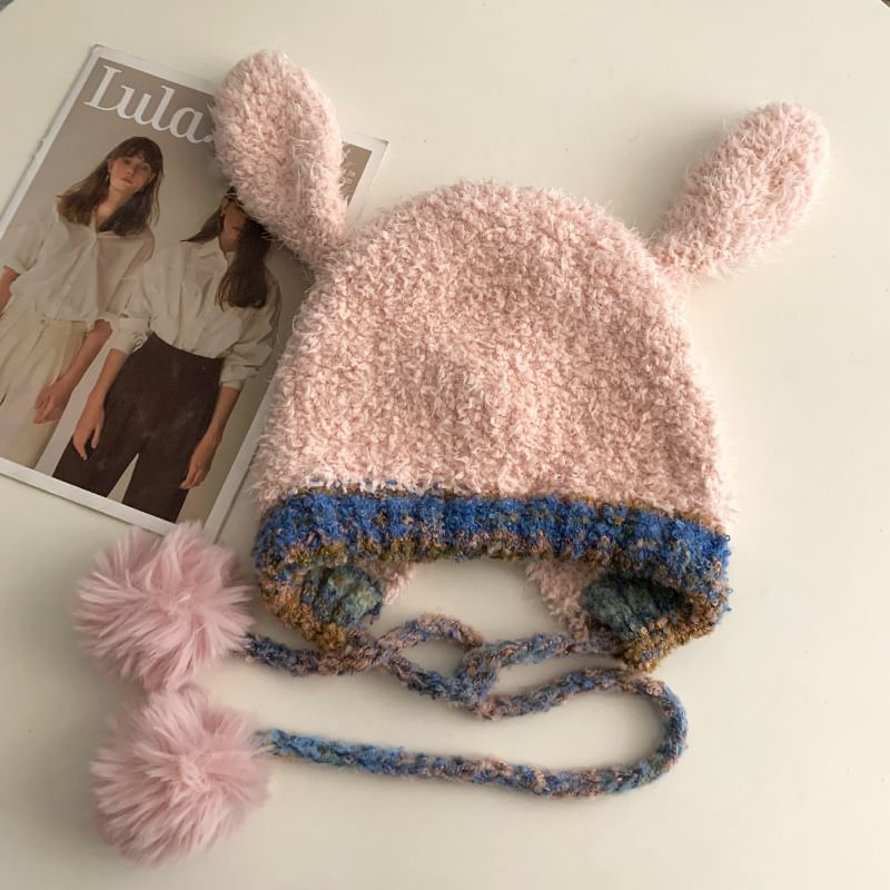Hat Pom Ear Rabbit Knit Fluffy Panel