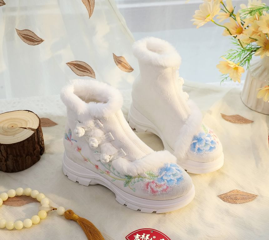 Trim Boots Short Furry Embroidery Lace-Up Floral
