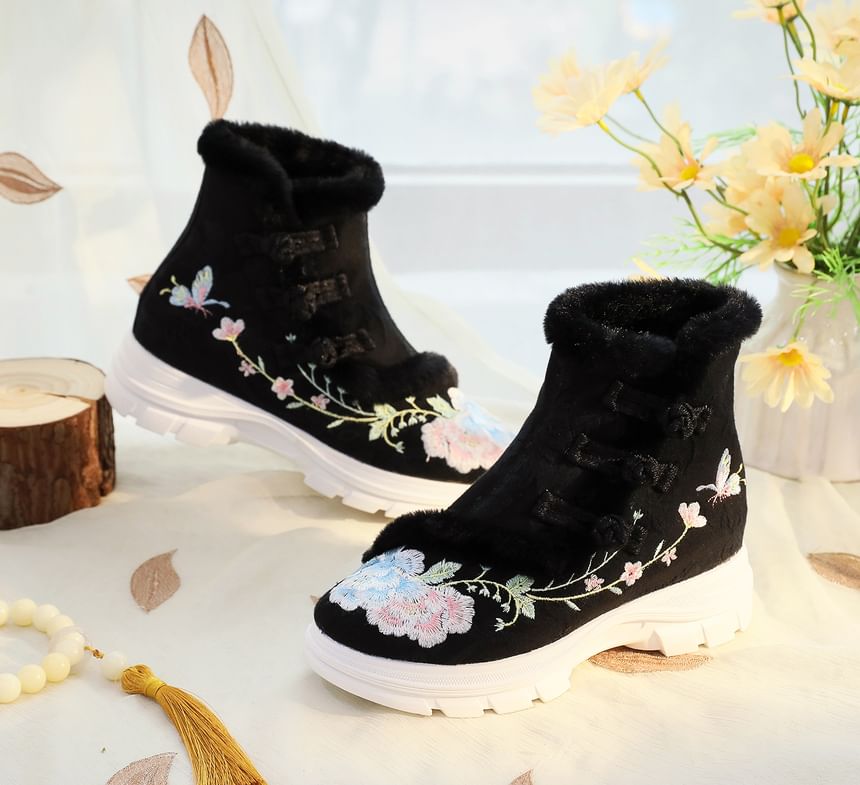 Trim Boots Short Furry Embroidery Lace-Up Floral