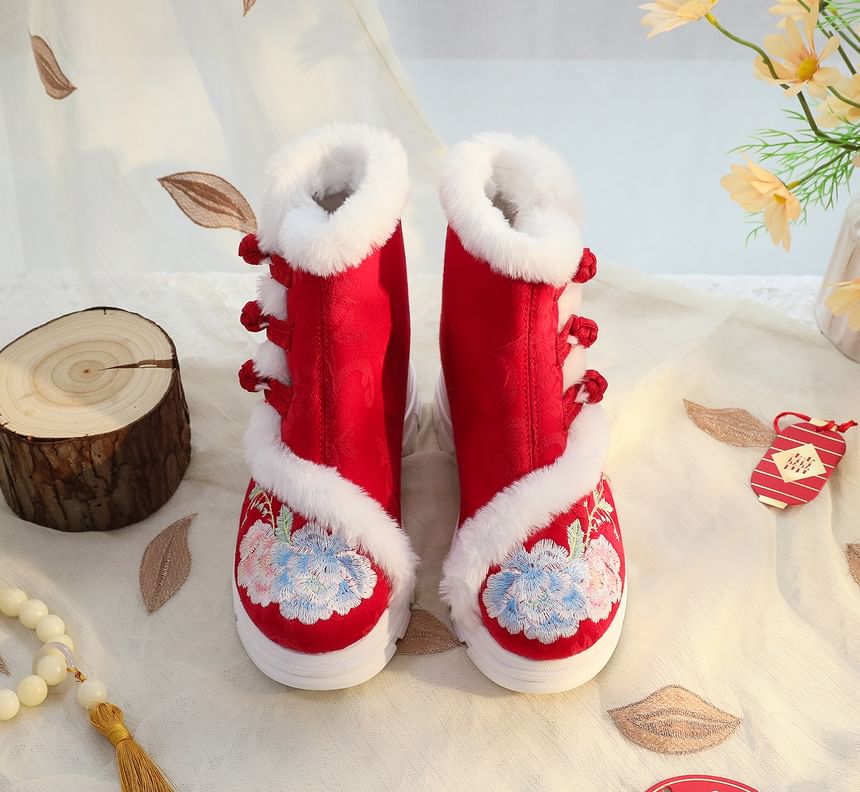 Trim Boots Short Furry Embroidery Lace-Up Floral