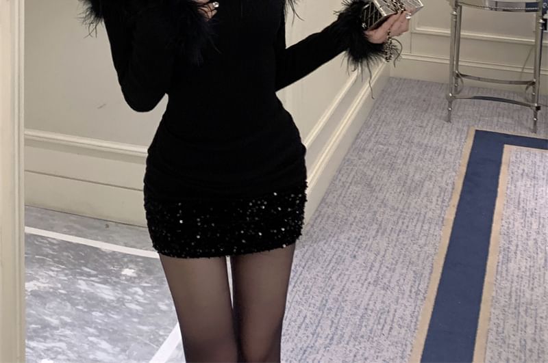 Off-Shoulder Fluffy Dress Sheath Long-Sleeve Sequin Trim Mini Plain