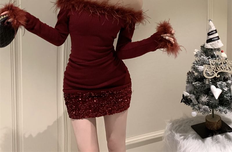 Off-Shoulder Fluffy Dress Sheath Long-Sleeve Sequin Trim Mini Plain