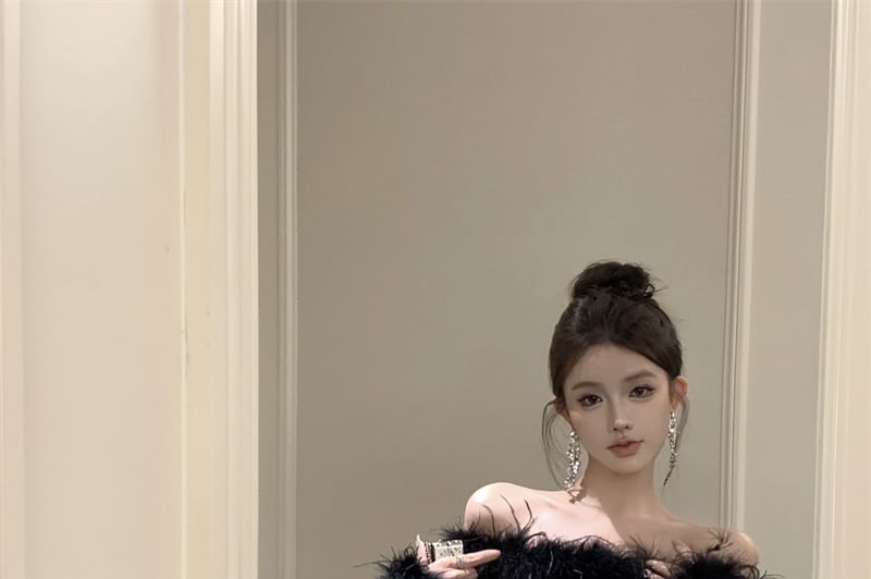 Off-Shoulder Fluffy Dress Sheath Long-Sleeve Sequin Trim Mini Plain