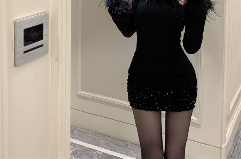 Off-Shoulder Fluffy Dress Sheath Long-Sleeve Sequin Trim Mini Plain