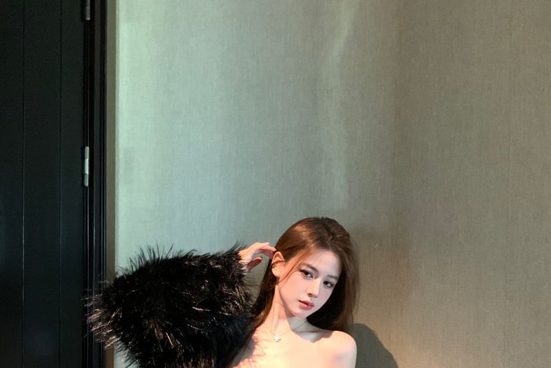 Jacket Panel Mini Plain Sequin Leather Bodycon Faux Tube Fluffy Dress /