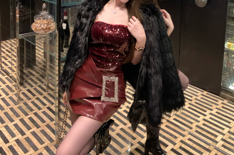 Jacket Panel Mini Plain Sequin Leather Bodycon Faux Tube Fluffy Dress /