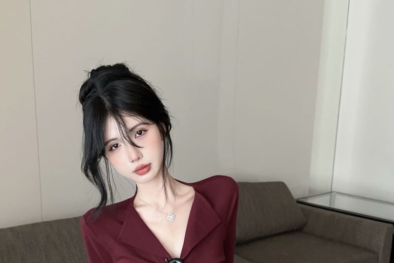 Long Button V-Neck Top Ruched Plain Sleeve