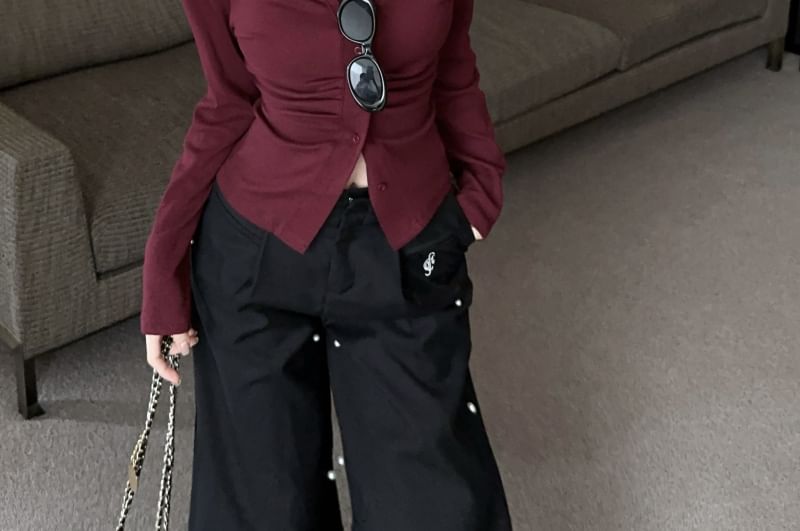 Long Button V-Neck Top Ruched Plain Sleeve