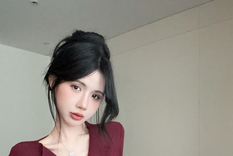 Long Button V-Neck Top Ruched Plain Sleeve