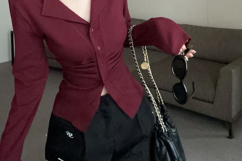 Long Button V-Neck Top Ruched Plain Sleeve