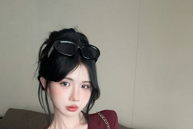 Long Button V-Neck Top Ruched Plain Sleeve